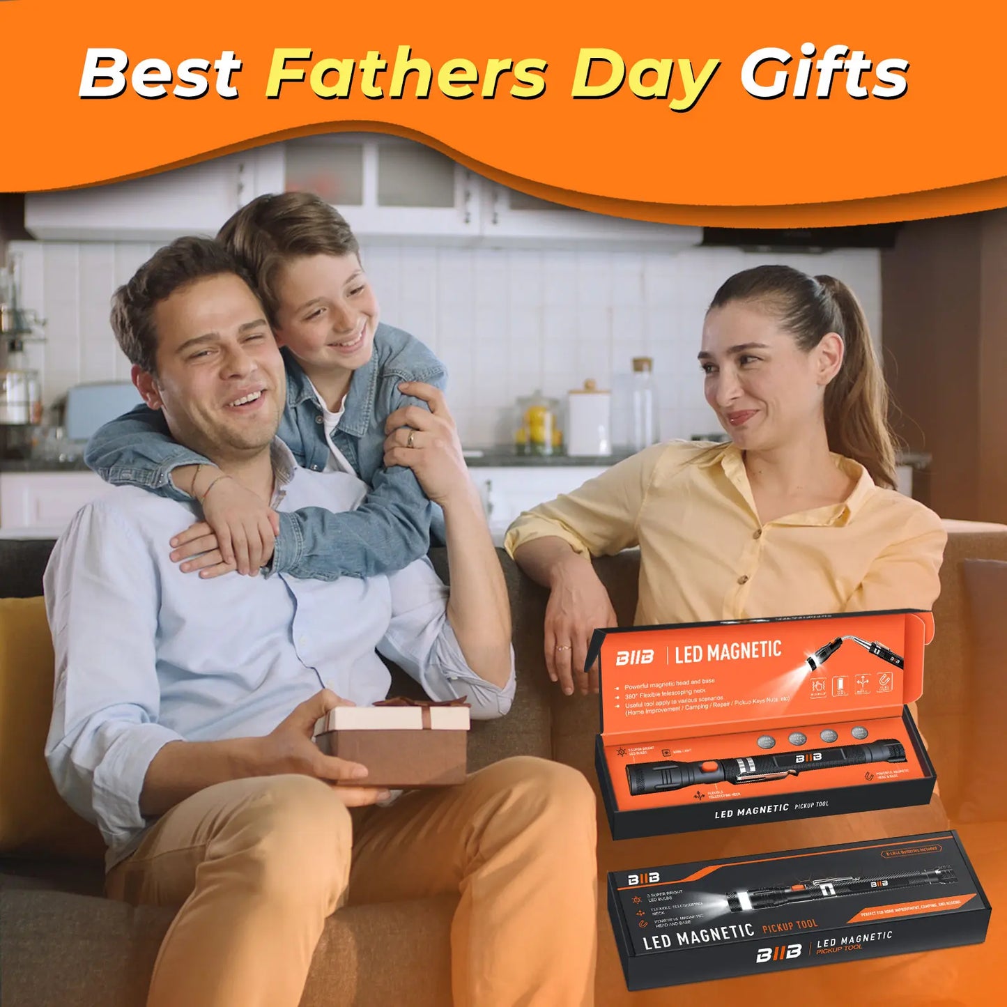 BIIB Fathers Day Gift for Husband Dad, Extendable Magnetic Pickup Tools - Telescoping Magnet with LED Flashlight Gifts for Men, Fathers Day Mens Gifts from Daughter Son, Birthday Gifts for Men Dad Him