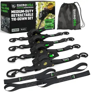 【FathersDayGift】Rhino USA 1" x 10' Retractable Ratchet Straps (select 2 pack or 4 pack) - Medium Duty Self Retracting Tie Down Straps for Truck, Cargo Trailer