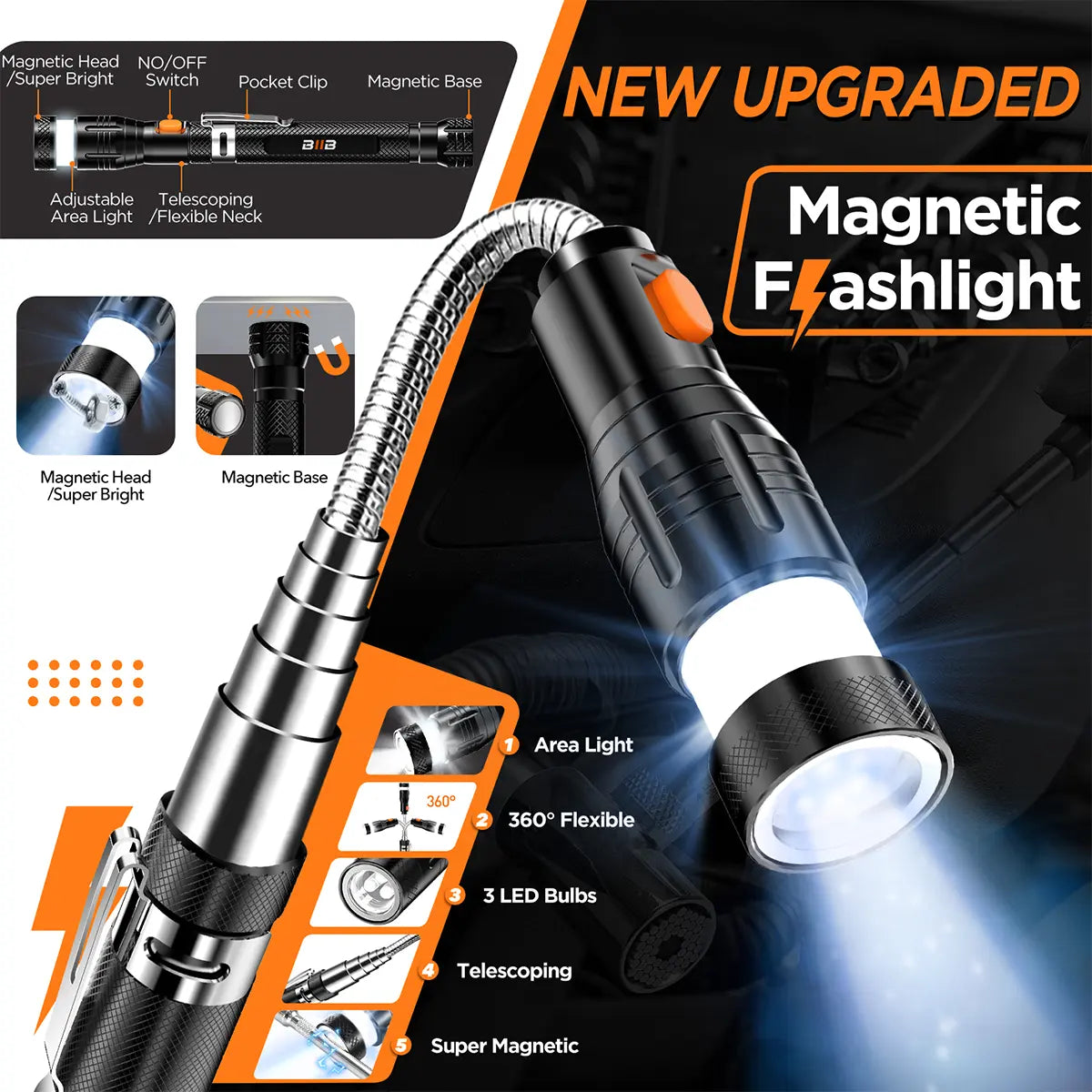 BIIB Fathers Day Gift for Husband Dad, Extendable Magnetic Pickup Tools - Telescoping Magnet with LED Flashlight Gifts for Men, Fathers Day Mens Gifts from Daughter Son, Birthday Gifts for Men Dad Him
