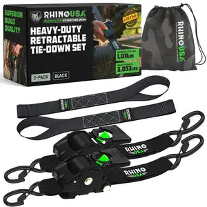 【FathersDayGift】Rhino USA 1" x 10' Retractable Ratchet Straps (select 2 pack or 4 pack) - Medium Duty Self Retracting Tie Down Straps for Truck, Cargo Trailer