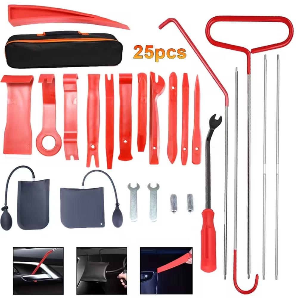【FathersDayGift】25pcs door repair manual tools, durable wedge pump locksmith thickening kit air cushion long-distance gripping tool set, equipped with long-distance gripper and air wedge pump, suitable for car disassembly tool set (red)