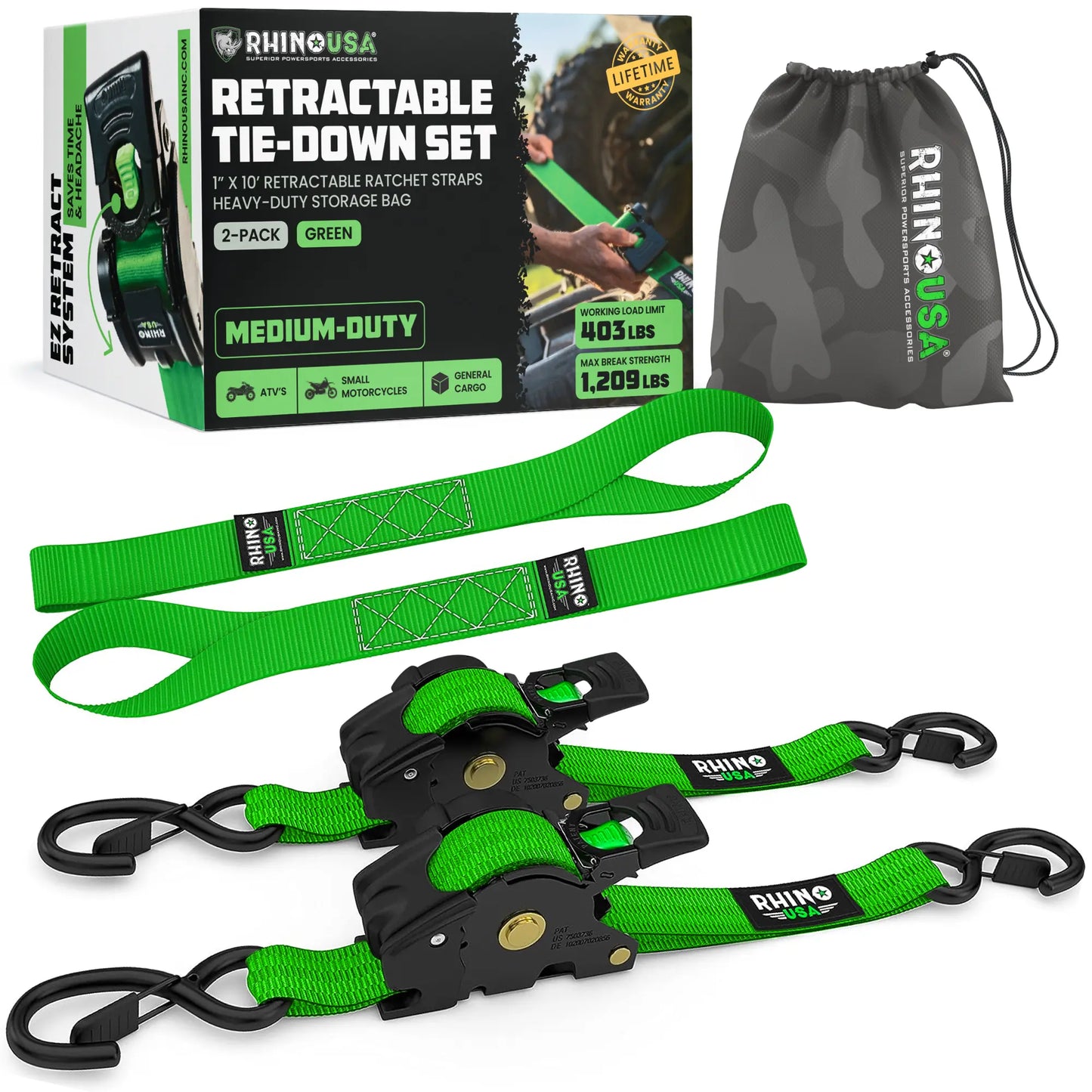 【FathersDayGift】Rhino USA 1" x 10' Retractable Ratchet Straps (select 2 pack or 4 pack) - Medium Duty Self Retracting Tie Down Straps for Truck, Cargo Trailer