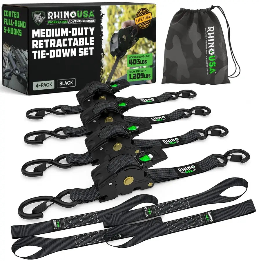 【FathersDayGift】Rhino USA 1" x 10' Retractable Ratchet Straps (select 2 pack or 4 pack) - Medium Duty Self Retracting Tie Down Straps for Truck, Cargo Trailer