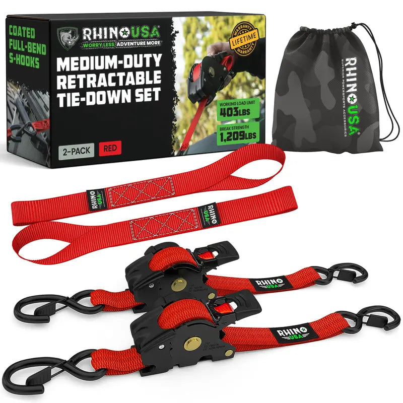 【FathersDayGift】Rhino USA 1" x 10' Retractable Ratchet Straps (select 2 pack or 4 pack) - Medium Duty Self Retracting Tie Down Straps for Truck, Cargo Trailer