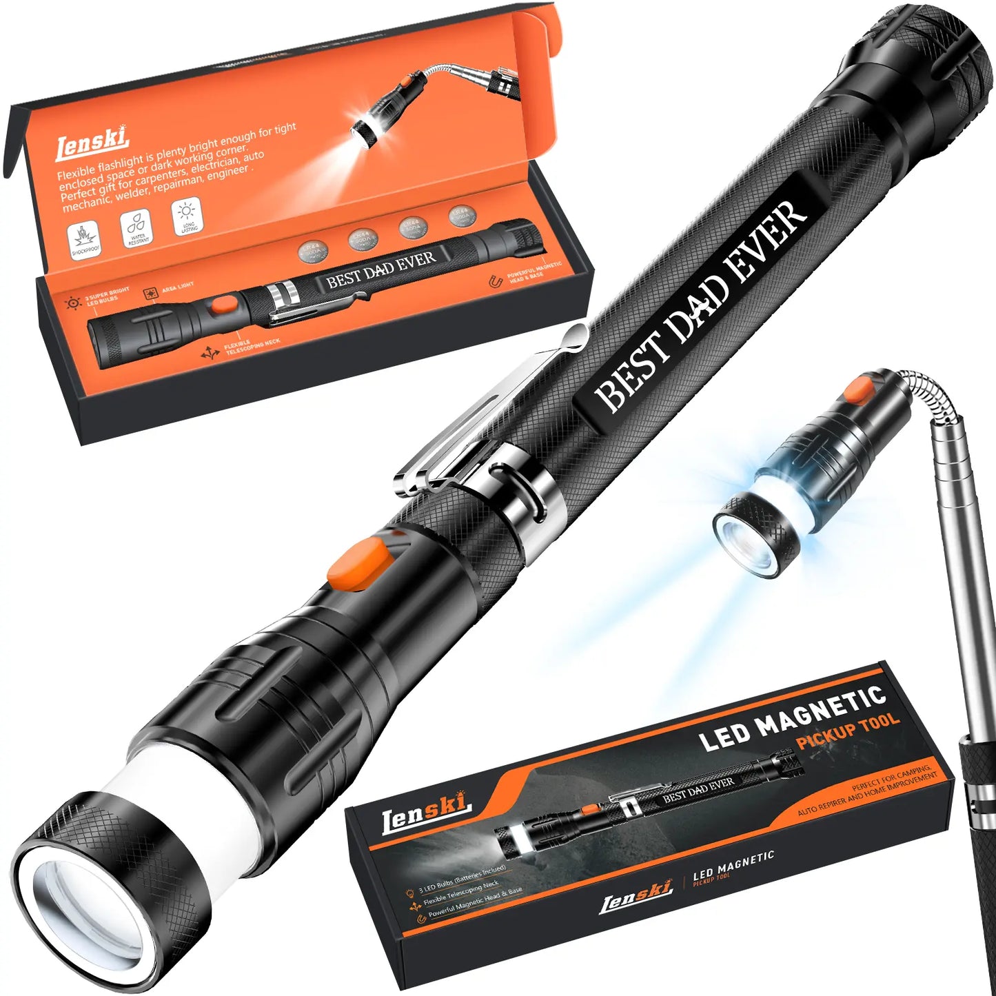 BIIB Fathers Day Gift for Husband Dad, Extendable Magnetic Pickup Tools - Telescoping Magnet with LED Flashlight Gifts for Men, Fathers Day Mens Gifts from Daughter Son, Birthday Gifts for Men Dad Him